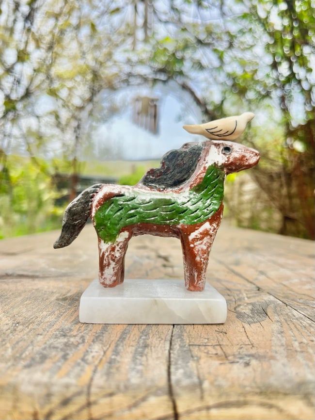 GREEN HORSE AND BIRD SCULPTURE
