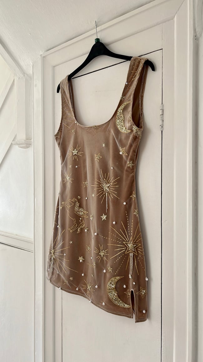 Sparkly horse, star, sun and moon sequin details tulle and champagne velvet dress