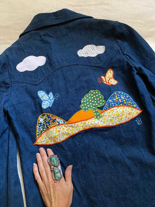 early 70s denim appliqué trouser suit