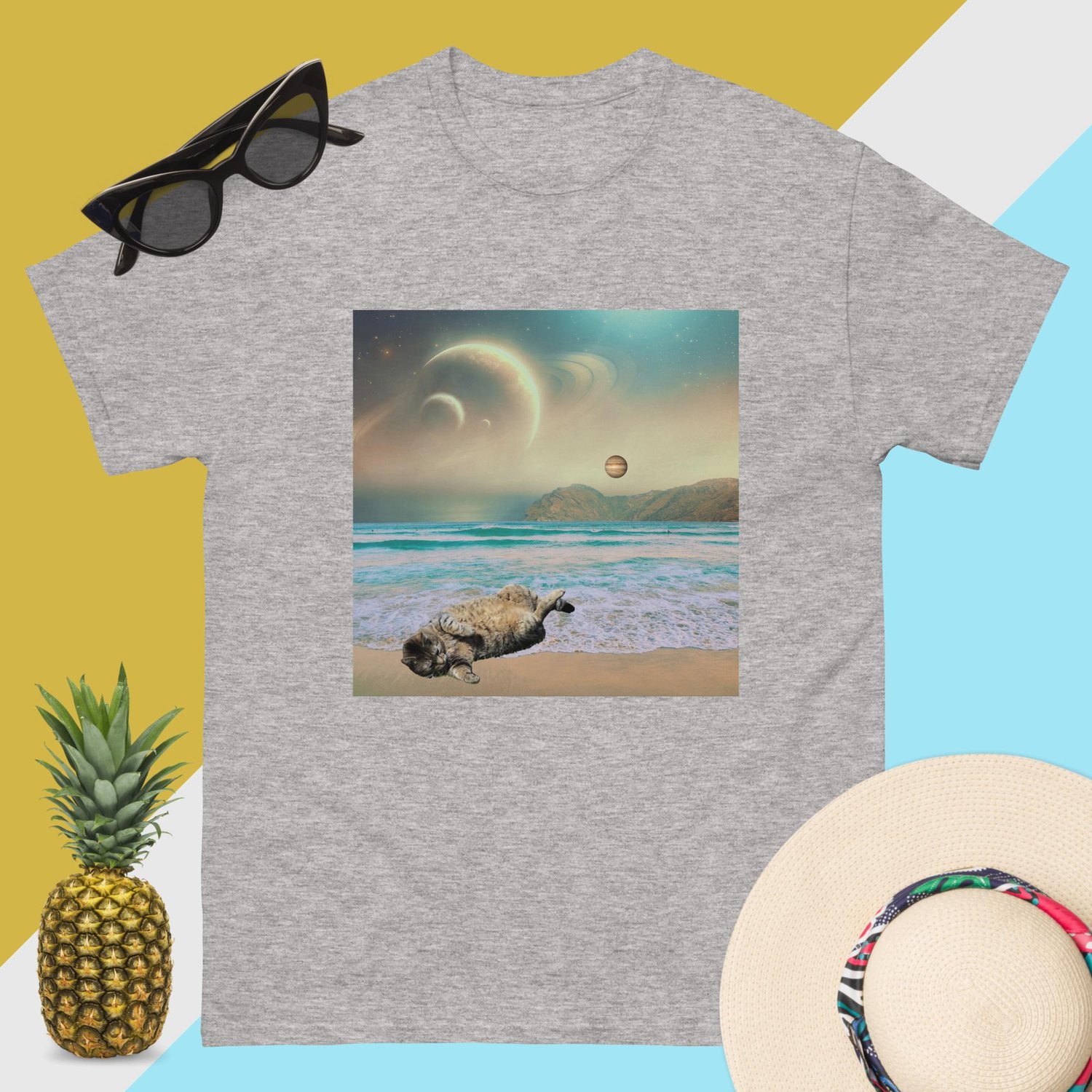 Image of Cat Chilling on a Space Beach - Unisex Classic Fit T-Shirt
