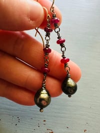 Image 9 of ruby and Tahitian pearl dangle earrings by peacesofindigo