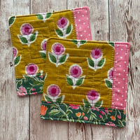 Image 1 of “Mustard & Pink Floral Block Print” Scrappy Quilted Coaster