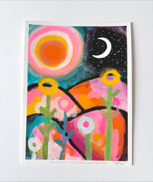 Five little flowers fell in love with the moon. Original paper painting.