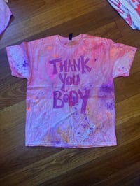 Image 2 of Pink and purple tie die multi colour T shirt with purple text (XL)