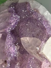 Image 10 of LAVENDER DRUZY QUARTZ EGG WITH RAINBOW FILLED CALCITE POINT ON A STAND -URUGUAY-