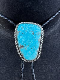 Image 2 of Large Kingman w/Pyrite Turquoise Bolo Tie w/ Handmade Sterling Silver Tips