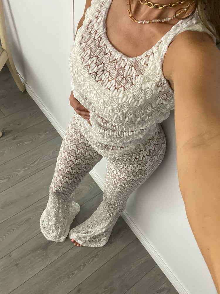 Image of Crochet Lace Flares & Ruch Vest Set In White & Silver 