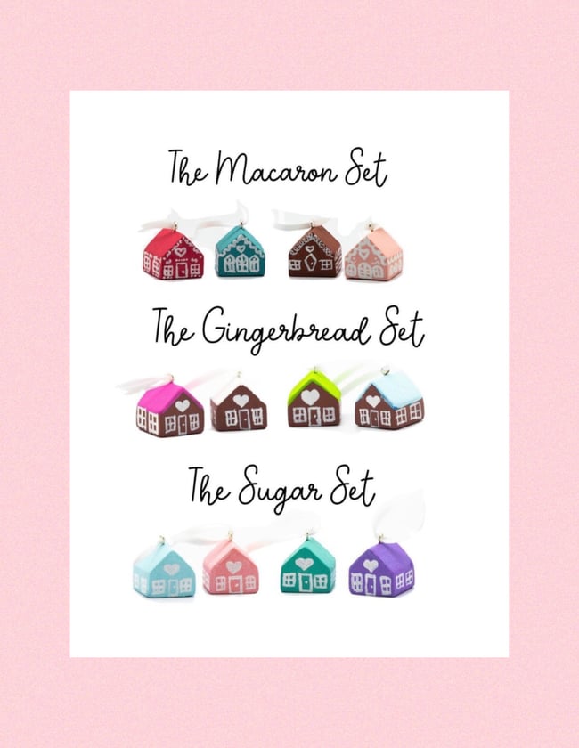 Set of Four Tiny Wood Gingerbread House Ornaments