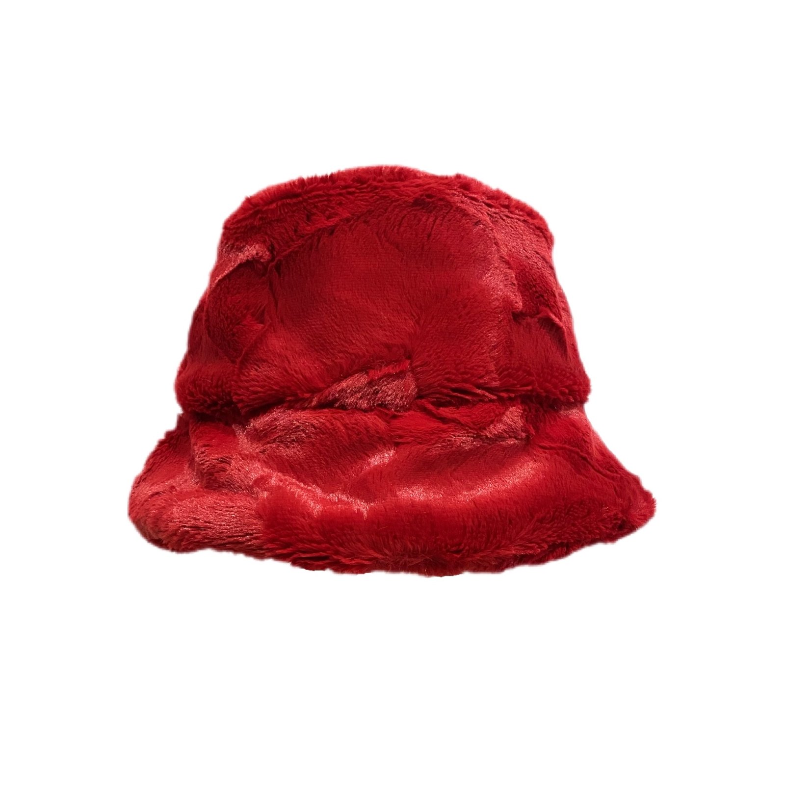 red fuzzy bucket hat