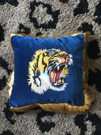 Image 3 of blue or pink  cotton velvet with embroidered tiger patch and gold fringing