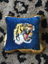 blue or pink  cotton velvet with embroidered tiger patch and gold fringing Image 3