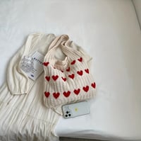 Large Capacity Knitted Tote Bag with Red Heart Design
