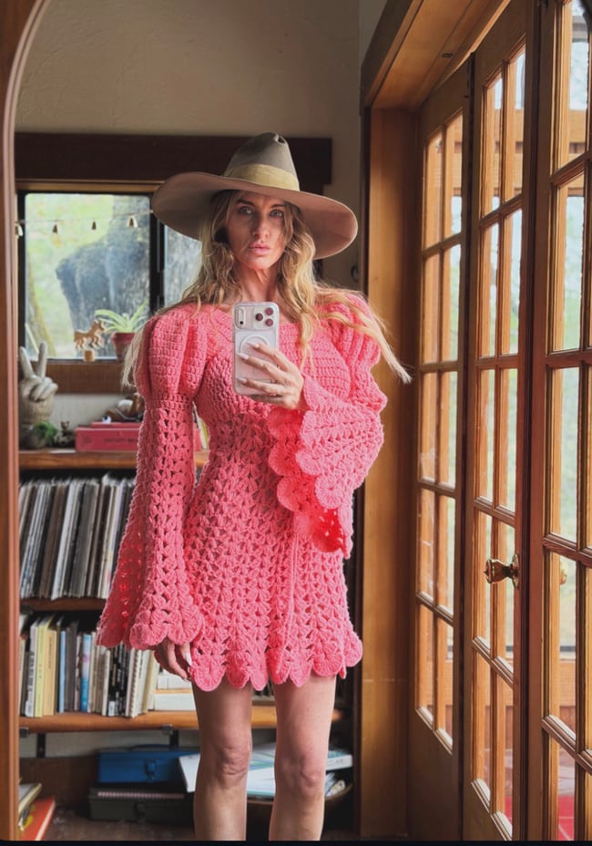 1960s pink crochet leg of mutton poet sleeve mini dress