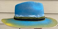 Image 3 of Handmade Blue/Green Painted Fedora Hat, Layered Band Feathers & Butterfly