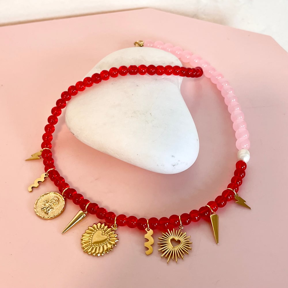 Image of Red and Pink Beaded Necklace with Gold Charms