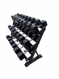 Image 1 of New pair of 10,15,20,25,30,35,40,45,50,60,70lb rubber dumbbells with rack. 