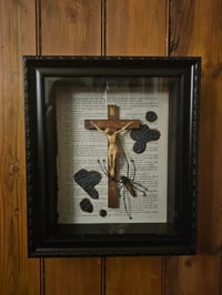 Image 1 of Orbweaver Taxiderny Spider 1800s Bible Page With crucifix and Real Web