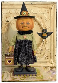 Image 1 of Precious the Pumpkin Witch folk Art Halloween doll 
