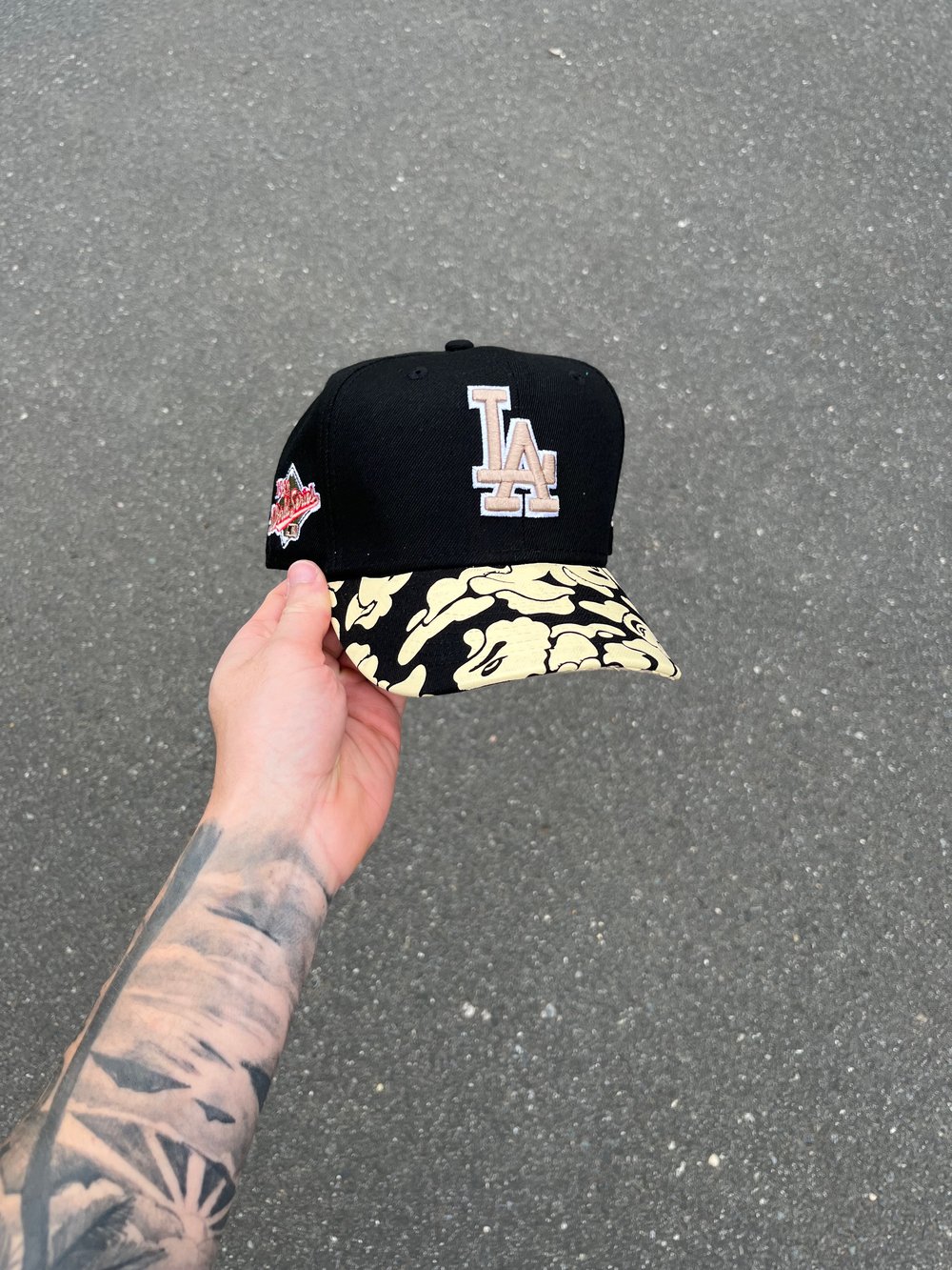 Image of TAN BRIM TWO TONE BLACK LA DODGERS CUSTOM FITTED CAP