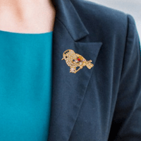 Brooch - gold, multi-colored stones, bird on branch