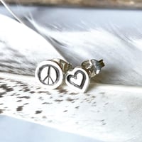 Image 4 of Handmade Mismatched Peace And Love Heart Sterling Silver Stud Earrings 925