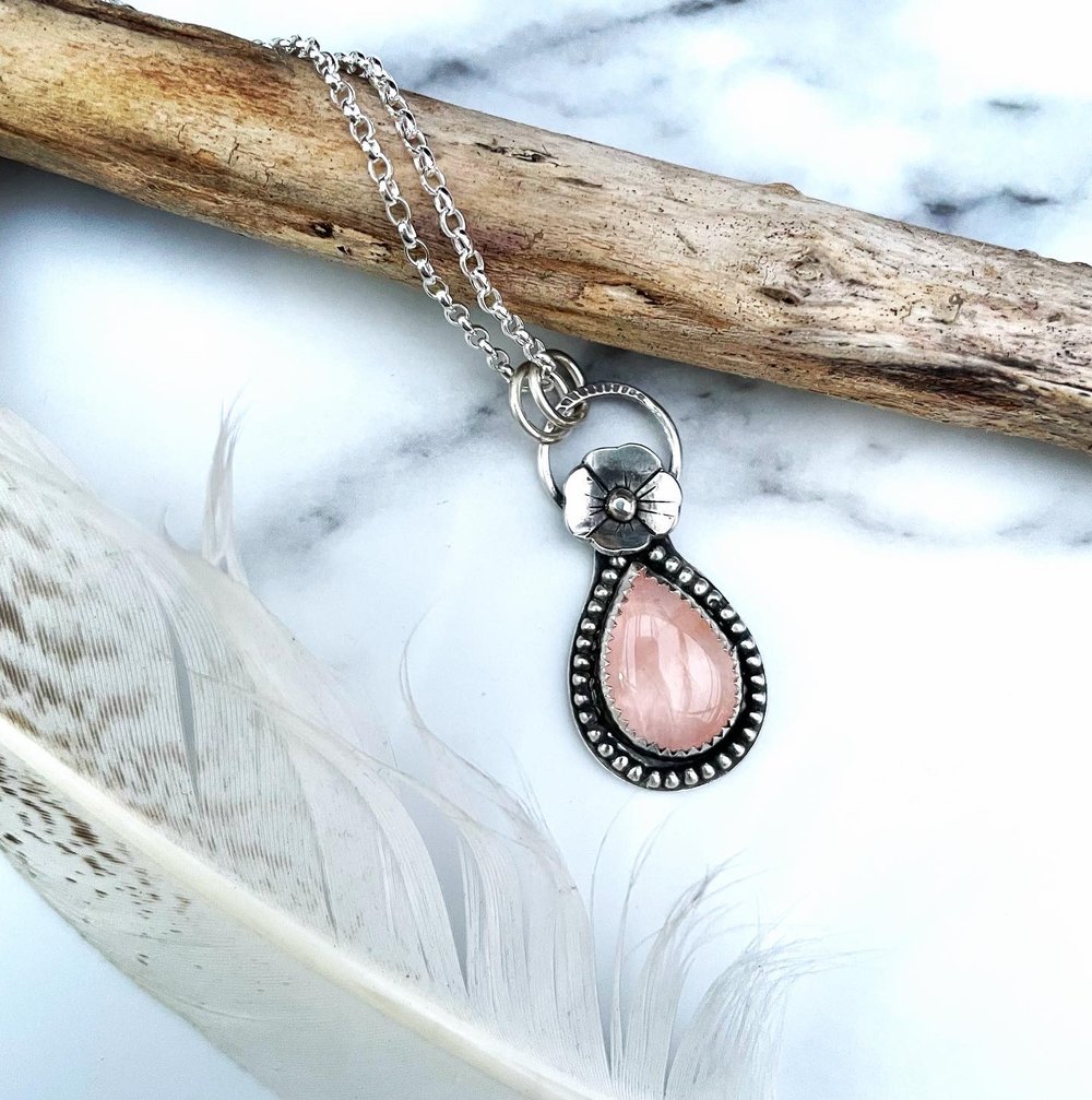Handmade Sterling Silver Flower Rose Quartz Pendant 925