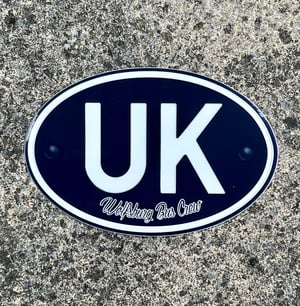 Image of Vintage style UK sign with Wolfsburg Bus Crew logo stickers measuring 180X120mm