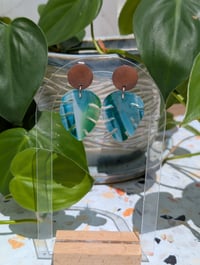 Image 2 of Tropical Monstera Glass Earrings – Handmade Statement Dangles in Ocean Blue & Green