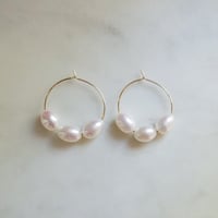 Image 1 of Gold Filled Three Pearl Hoop Earrings 