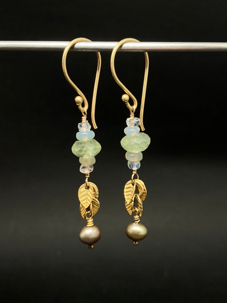 Vermeil Moonstone Prehnite Leaf Earrings Image 2