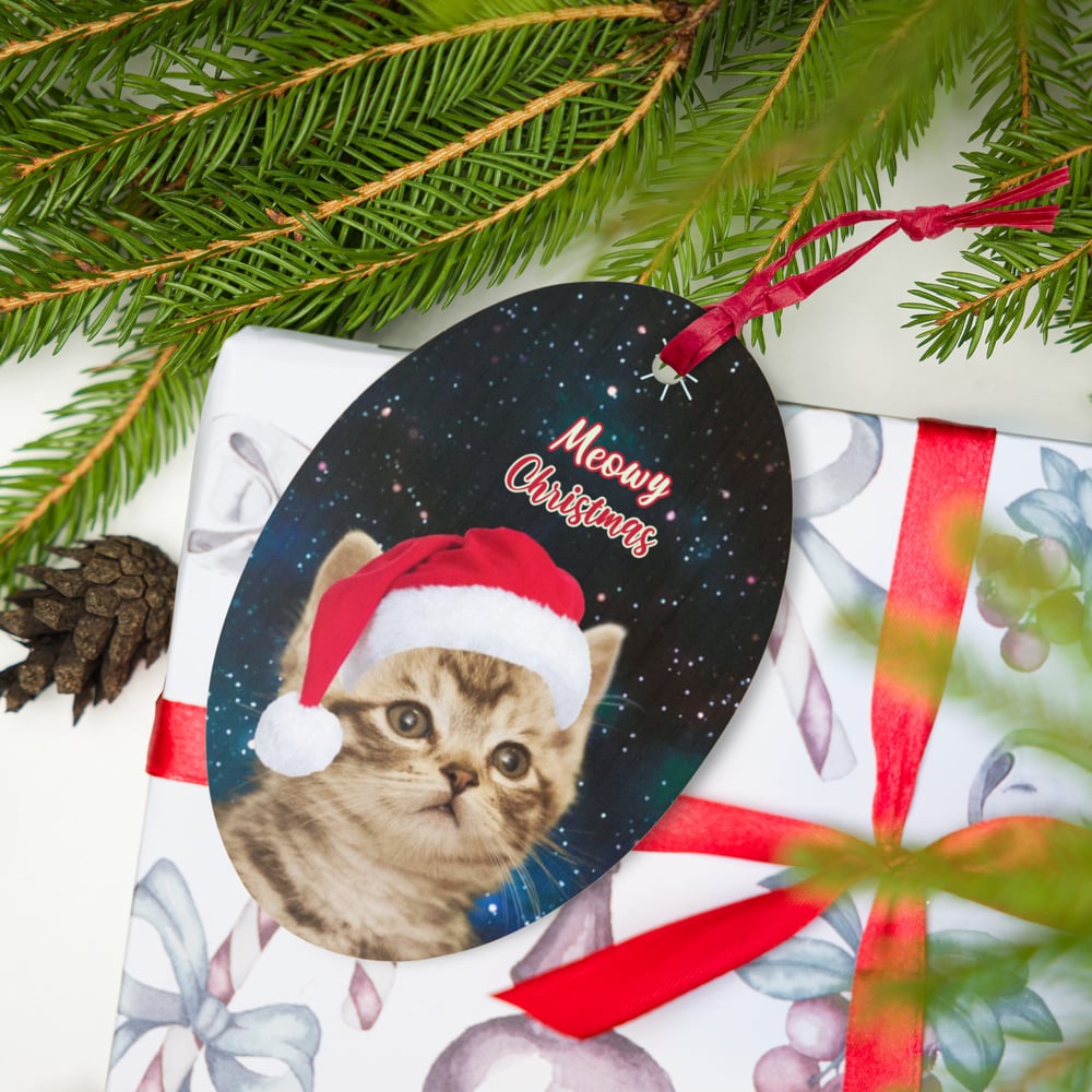 Image of FREE SHIPPING - Meowy Christmas - Cat in Space - Wooden Magnetic Ornament 