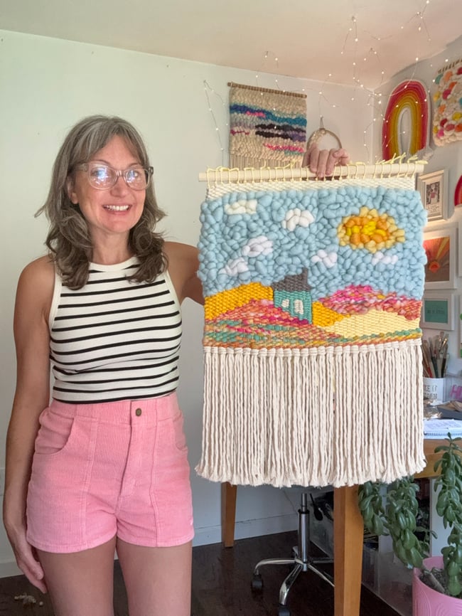 Little Blue House & Sunshine. Woven wall hanging.