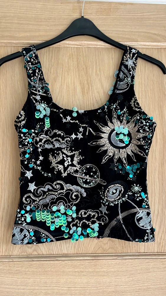 The Universe Top. Heavily embellished cosmic, star, sun and moon sequin top