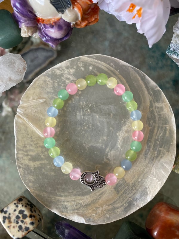 Image of “Open to Alignment” 6mm Jade Crystal Bracelet with Hamsa Symbol