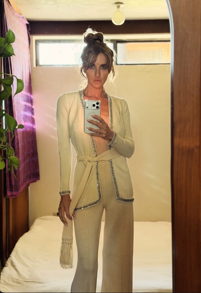 early 70s italian luxury knit trouser set w embellished bra top and sash belt