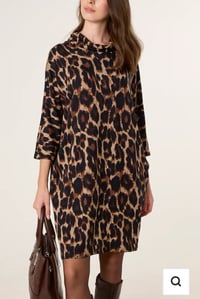 Image 2 of DRAPED COWL NECK LEOPARD KNIT DRESS