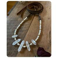 Image 2 of The Ariella Necklace - Double Terminated Clear Quartz Brass Pearls and Chocolate Brown Leather 