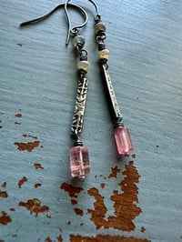 Image 4 of Balance charm earrings with opals and pink tourmaline