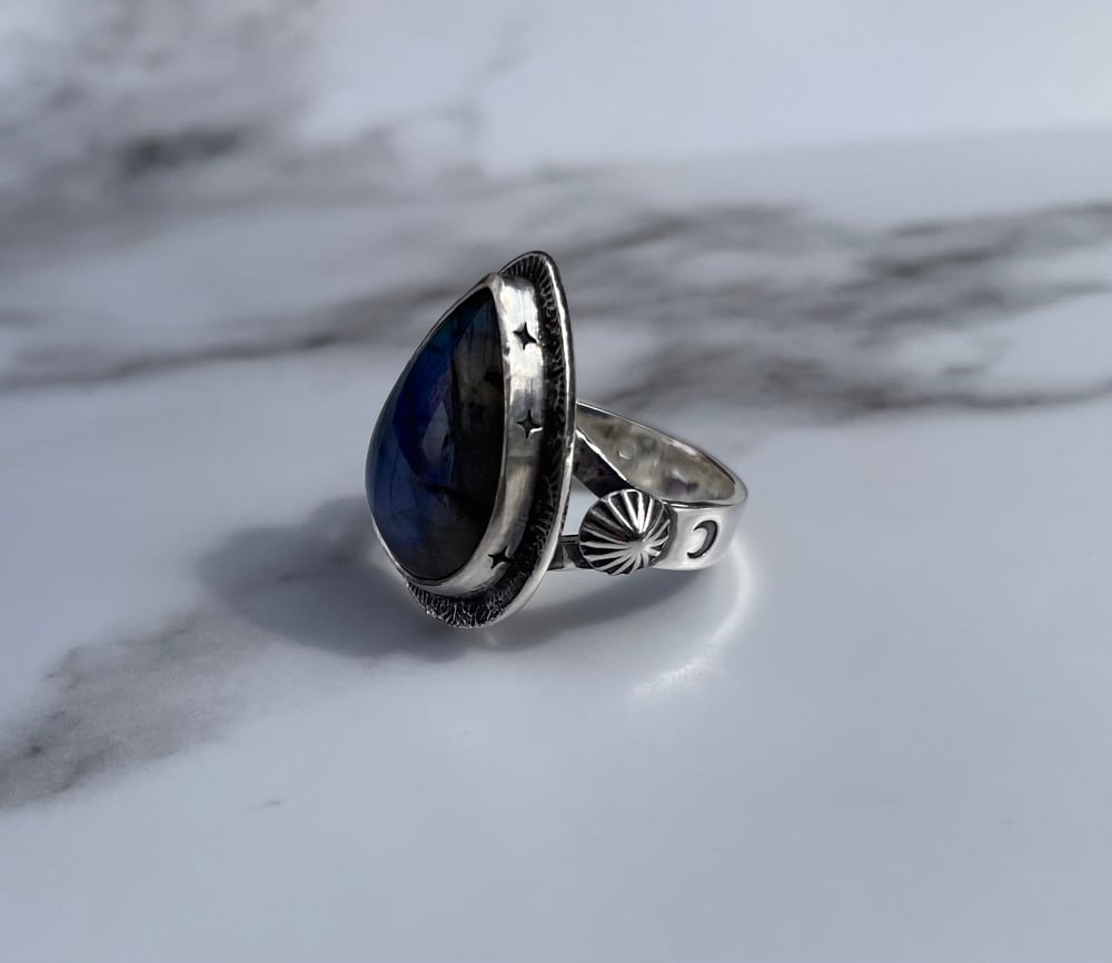 Sterling Silver Handmade Blue Labradorite Celestial Ring 