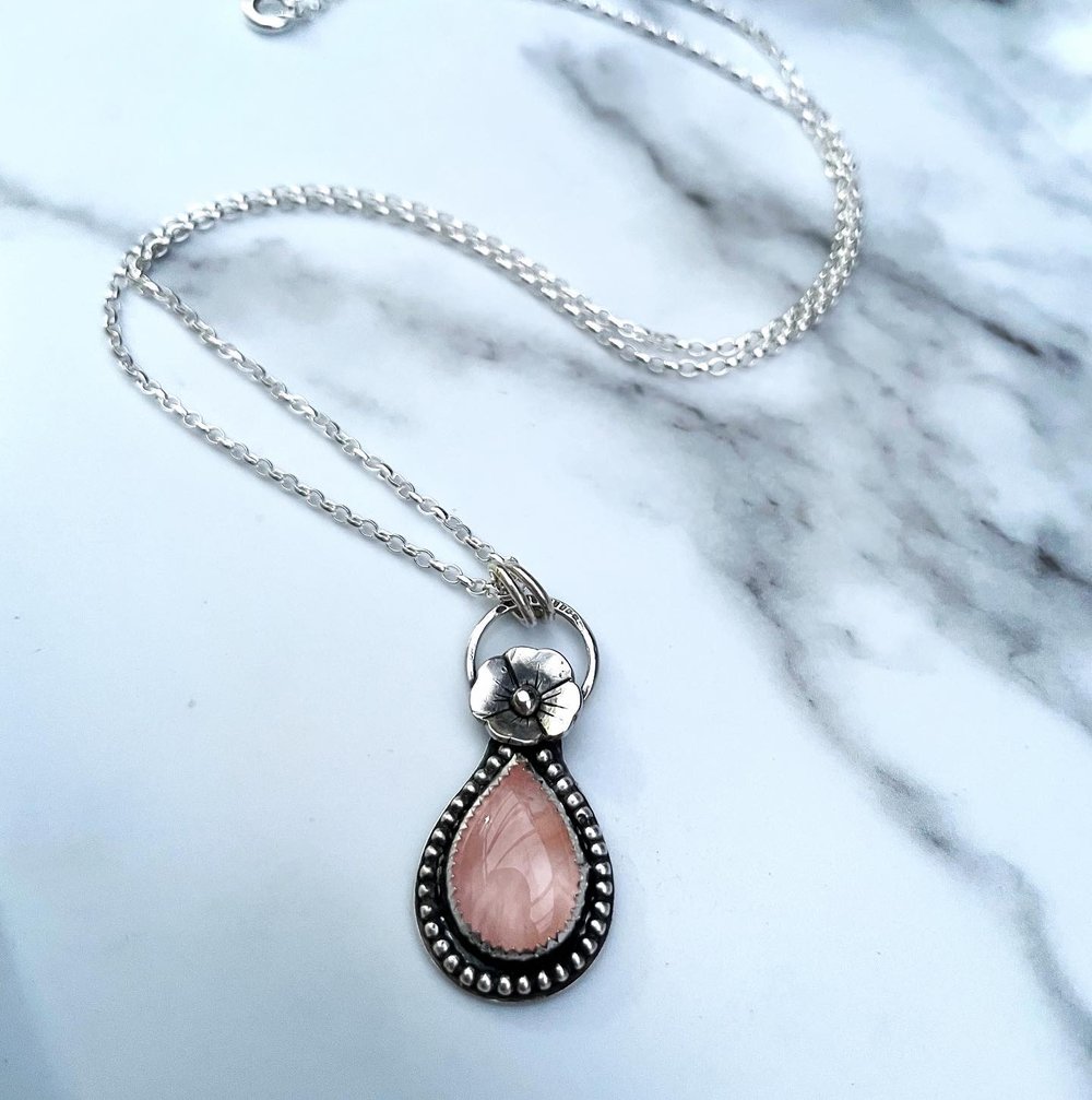 Handmade Sterling Silver Flower Rose Quartz Pendant 925