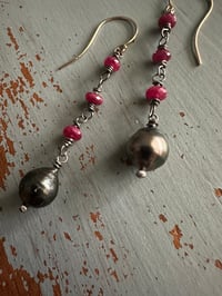Image 8 of ruby and Tahitian pearl dangle earrings by peacesofindigo