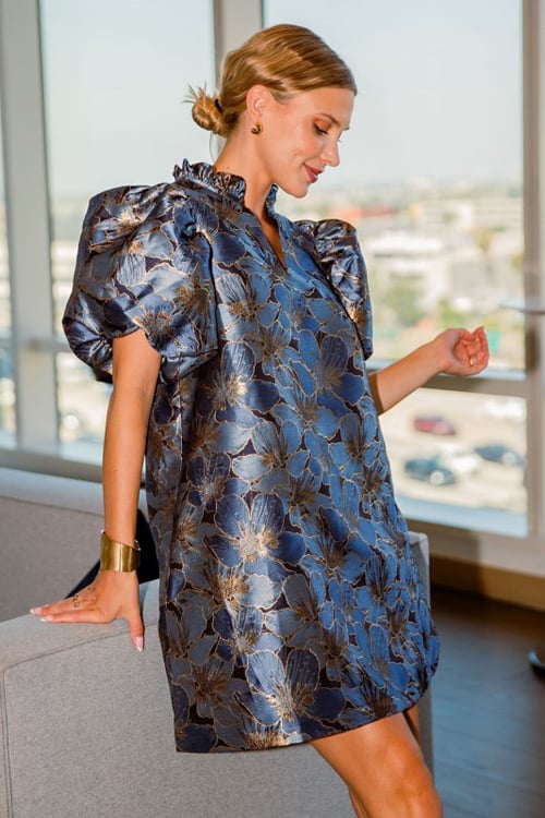 Image of Blue Floral Puff Sleeve Dress 