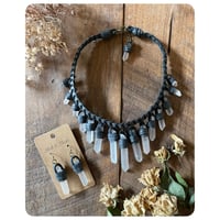 Image 2 of The Empress Necklace and Earrings - Clear Quartz Crystals and Shadow Grey Leather