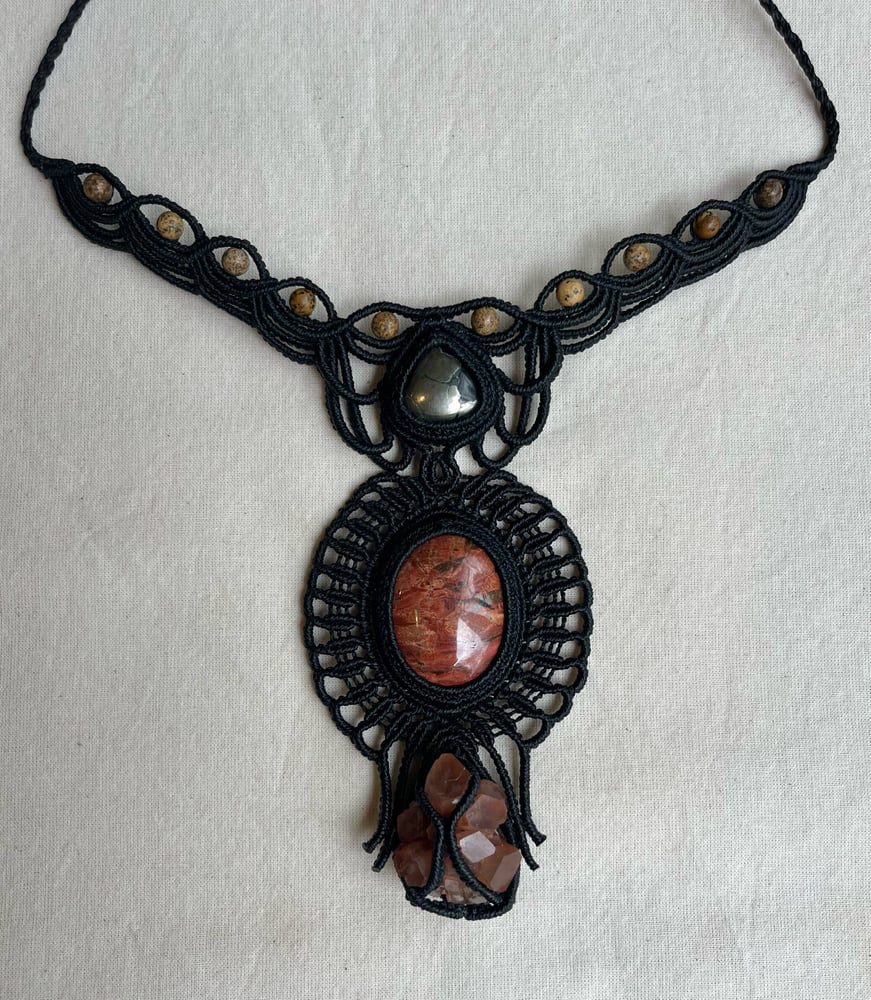 Image of Macrame necklace with pyrite, brecciate and aragonite stone