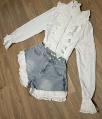 Image 4 of Frill hem Broderie denim shorts 