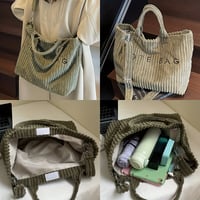 Image 12 of Women's Fashion Solid Color Corduroy Large Capacity Tote Bag, Letter Pattern with Contrast Design Ad