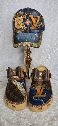 Image 1 of Classic Brown & Dark Denim Crocs w/ Hat