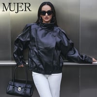 Image 1 of MUJER Faux Leather Women's Jacket Black Oversize Bomber Jackets for Women