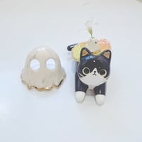 Image 1 of Tuxedo cat glow in dark ghost ring holder ceramic figurine