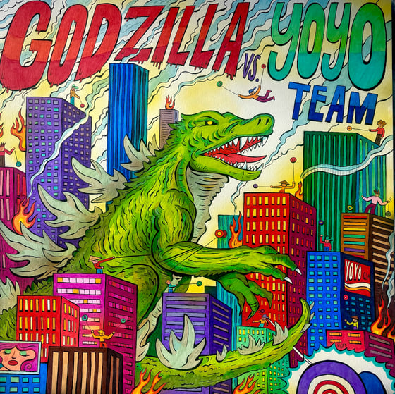 Image of Godzilla vs. Yo-Yo Team original ink illustration 22x22